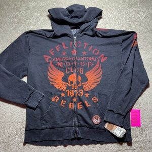 Affliction Men’s Full Zip Up Hoodie XL  Cross Skull Wings NWT